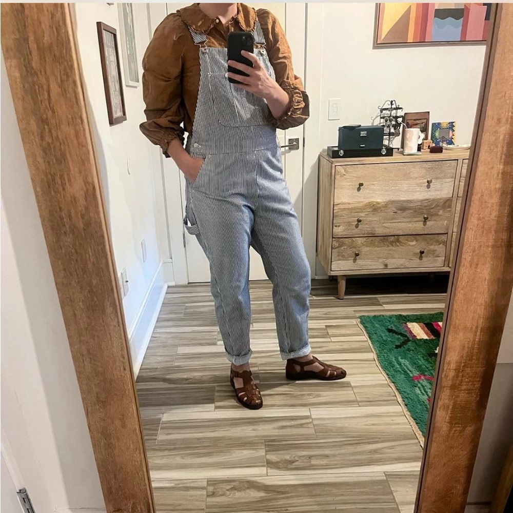 NWOT Navy and white railroad stripe workwear unisex overalls in size small